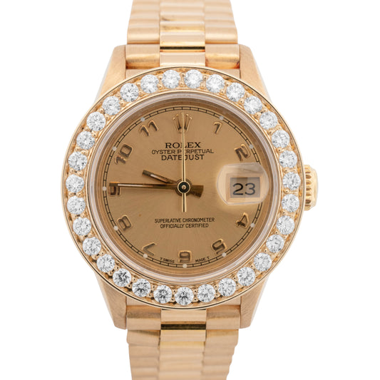 Rolex DateJust President 26mm Champagne DIAMOND BEZEL 18K Yellow Gold 69178 BOX