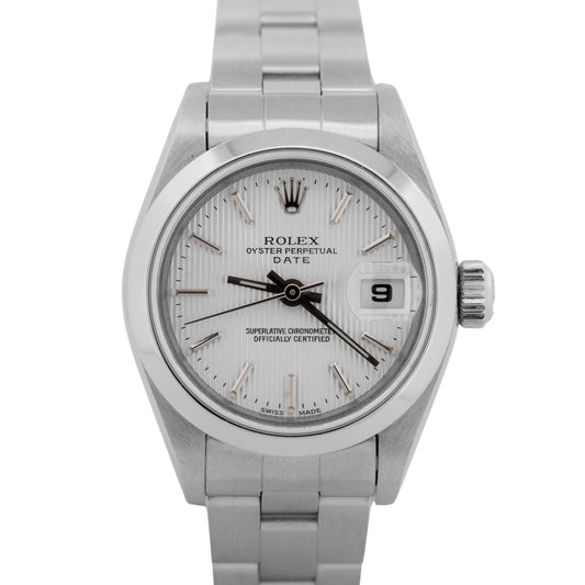 PAPERS Ladies Rolex Date 26mm Silver Tapestry Steel Oyster Watch 69160 BOX