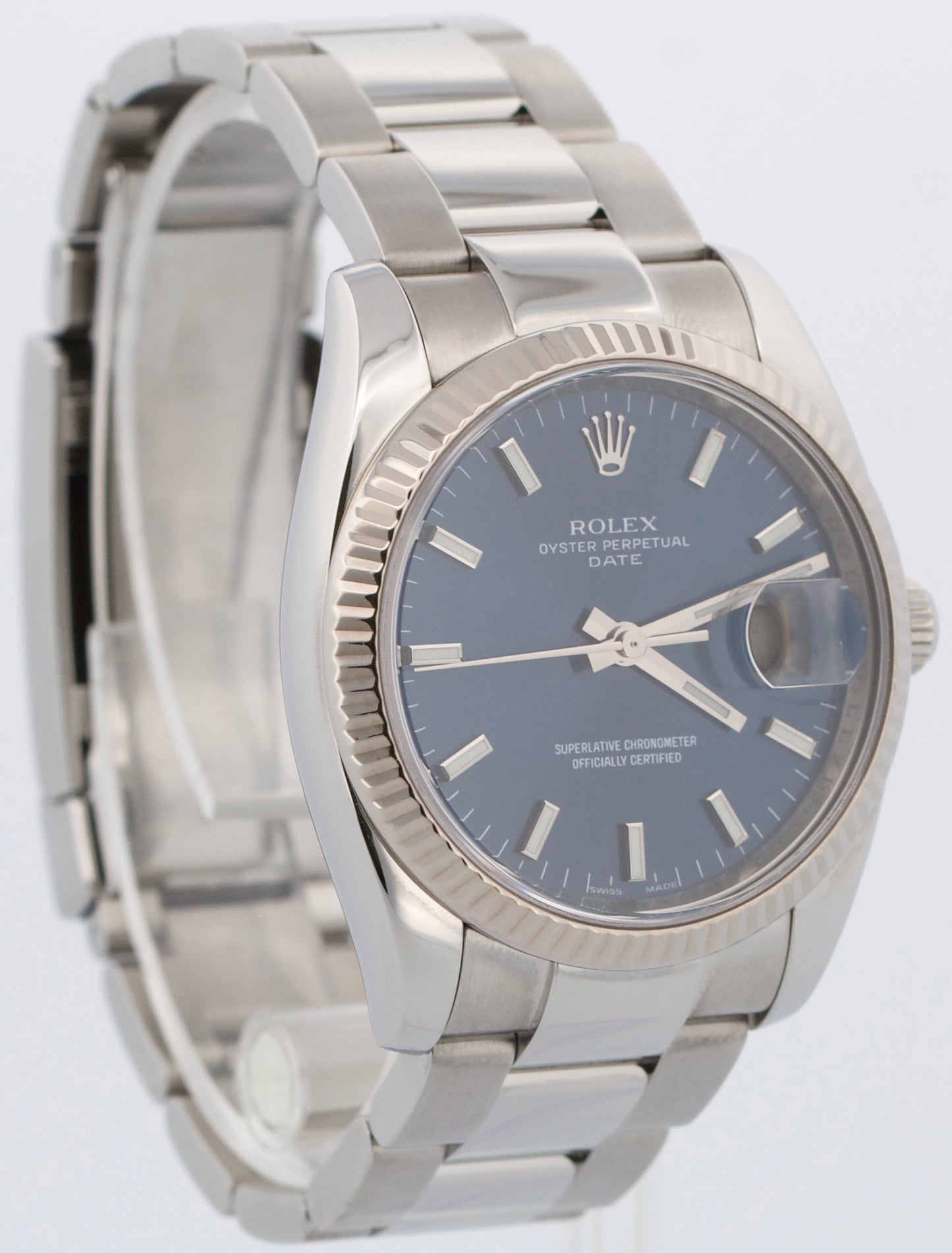 Rolex Oyster Perpetual Date BLUE 18K Gold Steel 34mm Fluted OYSTER 115234 Watch