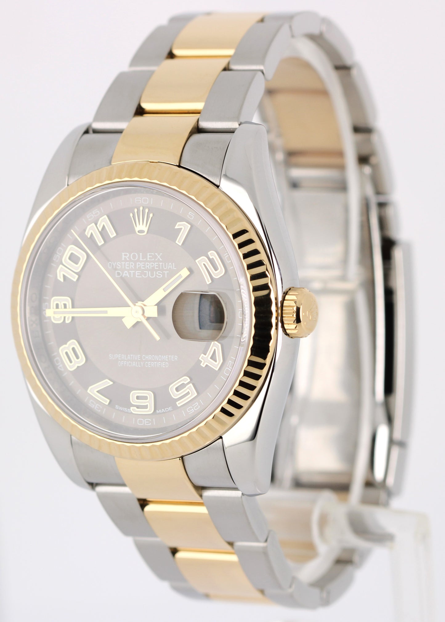 Rolex Datejust Two-Tone 18k Gold Steel Chocolate Arabic 36mm 116233 Fluted Watch