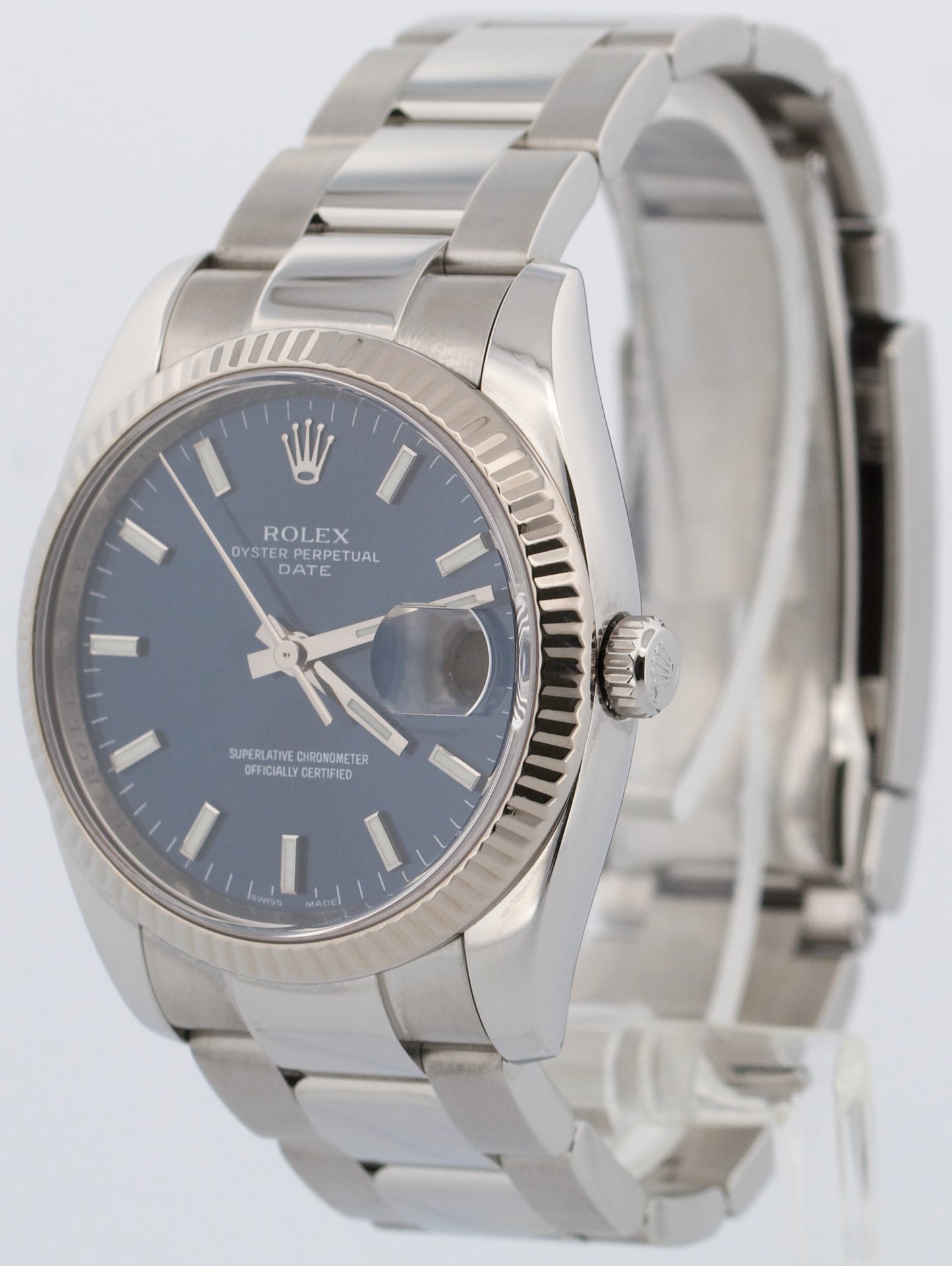 Rolex Oyster Perpetual Date BLUE 18K Gold Steel 34mm Fluted OYSTER 115234 Watch