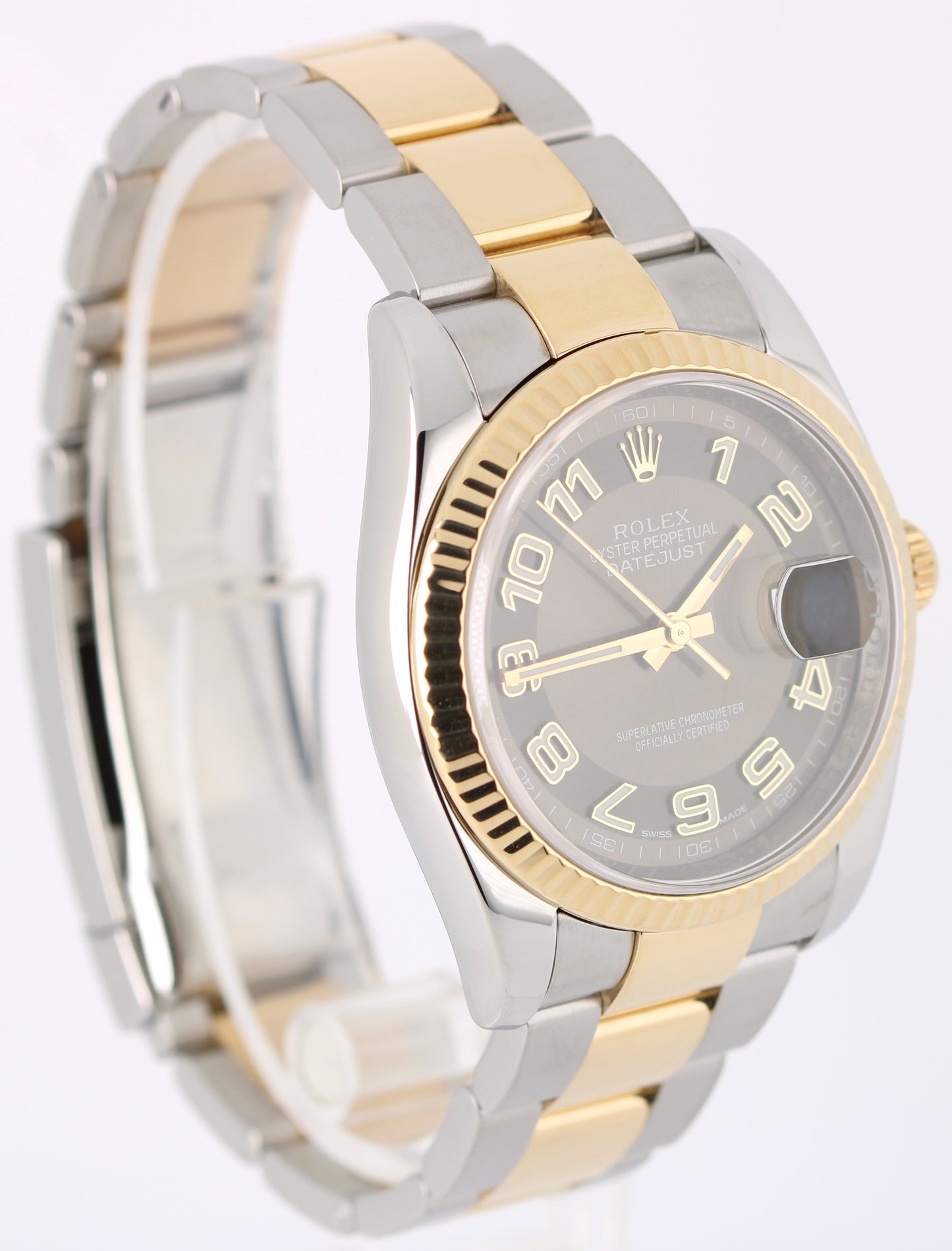 Rolex Datejust Two-Tone 18k Gold Steel Chocolate Arabic 36mm 116233 Fluted Watch