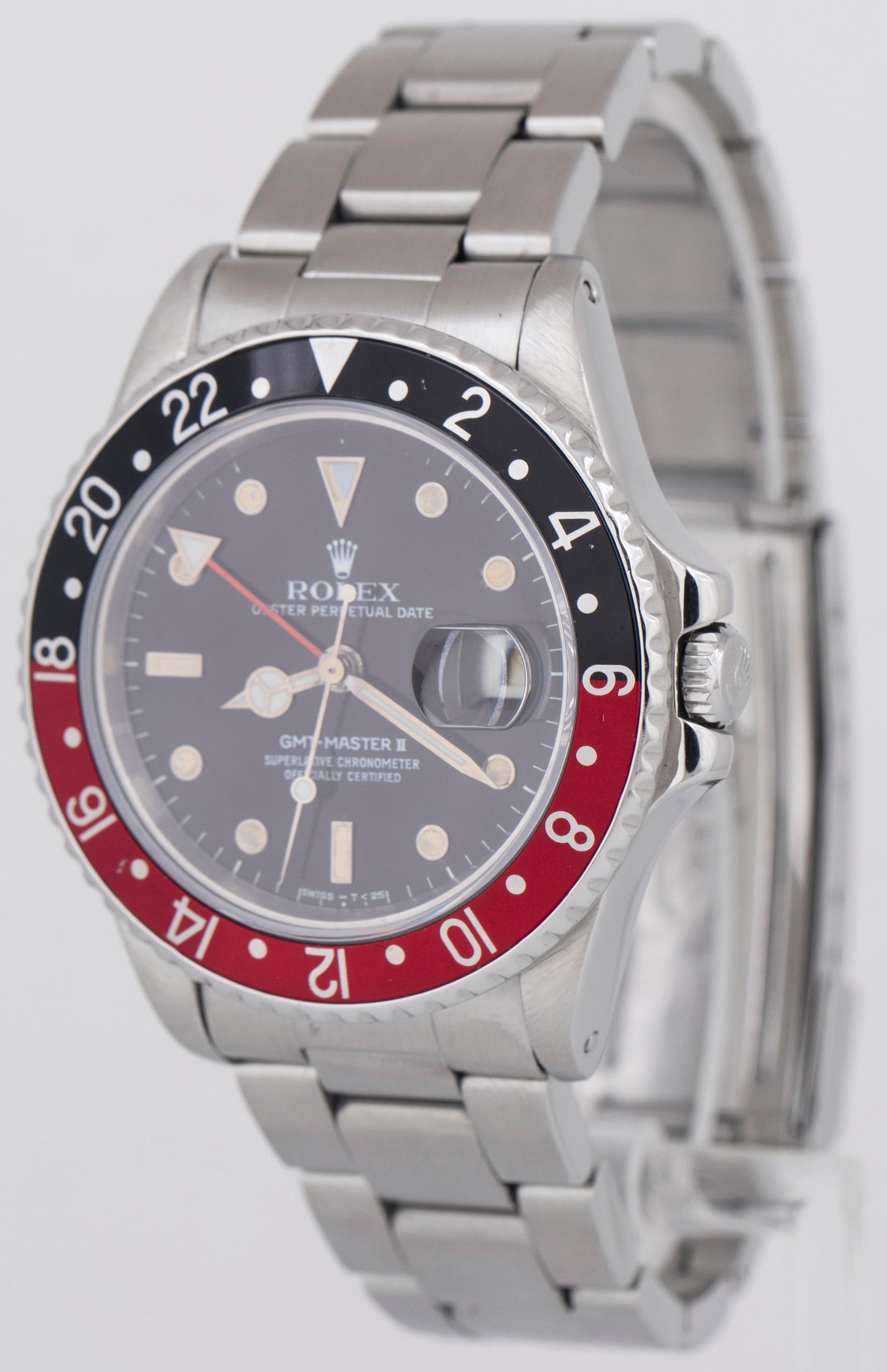 Rolex GMT-Master II 40mm Fat Lady Coke Red Black Patina Steel Watch 16760