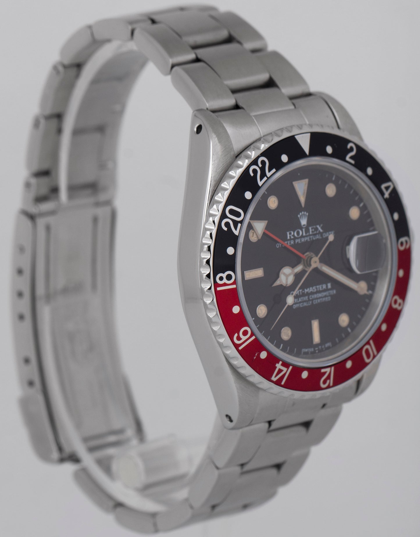 Rolex GMT-Master II 40mm Fat Lady Coke Red Black Patina Steel Watch 16760