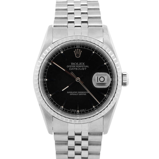 Rolex DateJust 36mm BLACK Dial Stainless Steel JUBILEE Engine-Turned Watch 16220