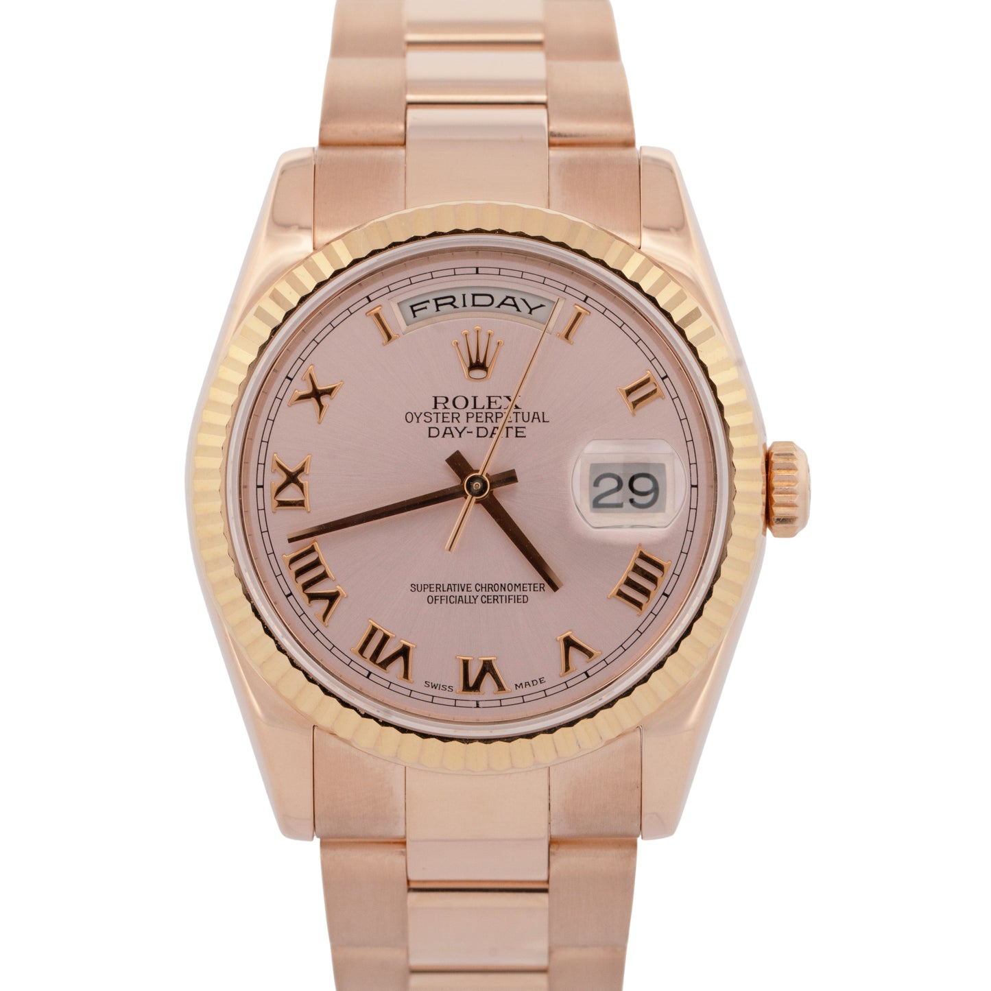 Rolex Day-Date Pink Roman Dial 18k Rose Gold Fluted OYSTER 36mm Watch 118235 BOX