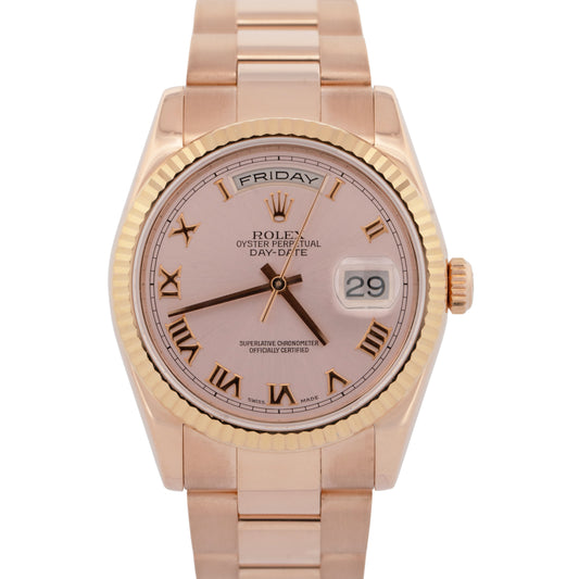 Rolex Day-Date Pink Roman Dial 18k Rose Gold Fluted OYSTER 36mm Watch 118235 BOX