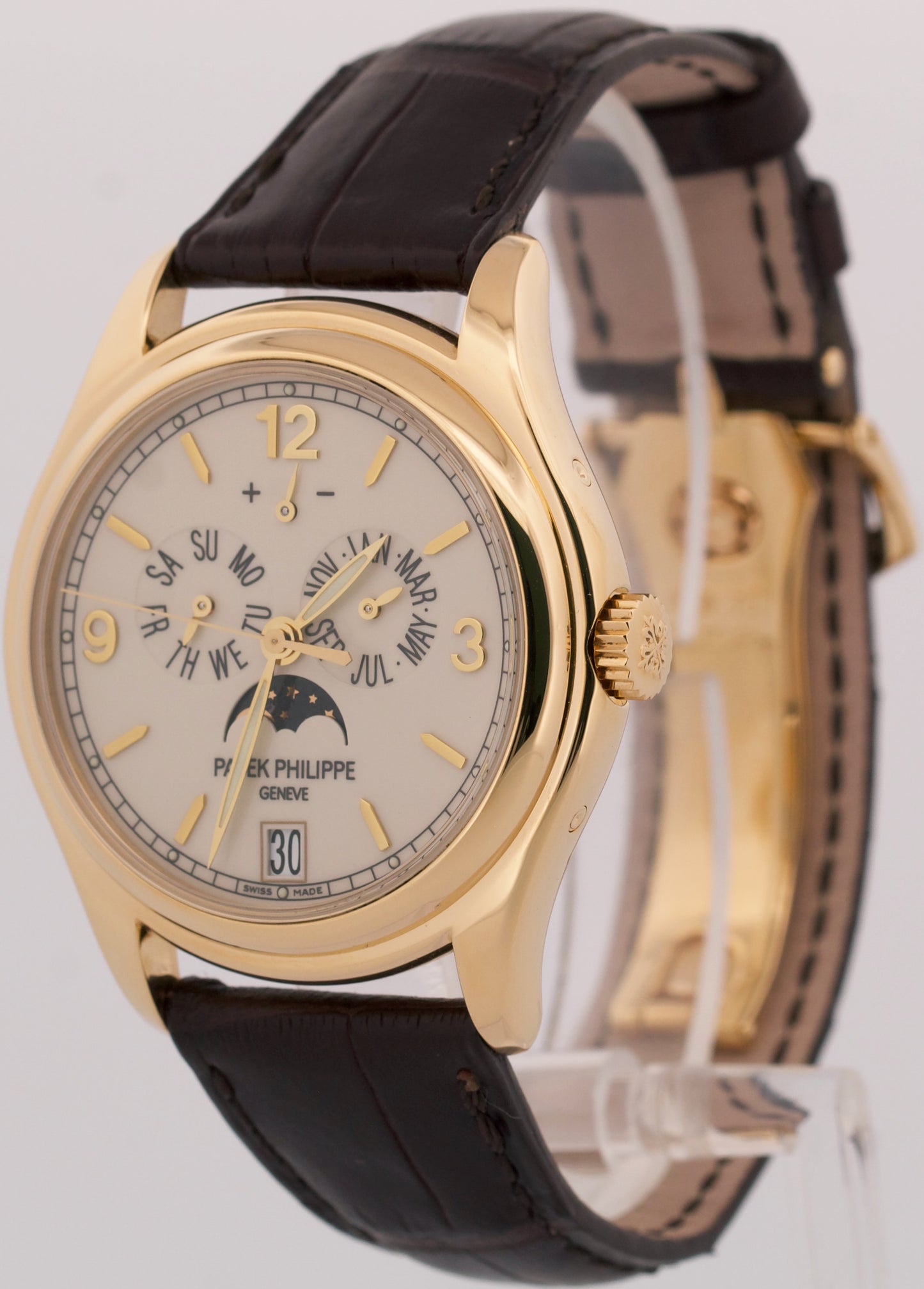Patek Philippe Annual Calendar 18k Yellow Gold WHITE Leather 39mm 5146J Watch