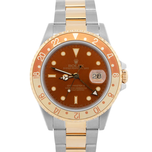 Rolex GMT-Master II ROOT BEER Two-Tone 18K Yellow Gold Steel Brown Watch 16713