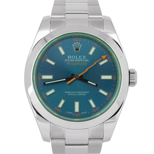 MINT PAPERS Rolex Milgauss Z-Blue Green Crystal 40mm 116400 GV Steel Watch BOX