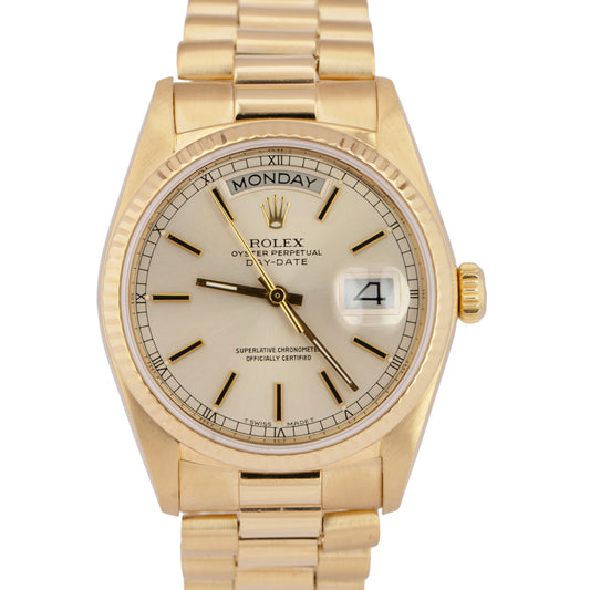 Rolex Day-Date President 36mm Silver Automatic 18K Yellow Gold Watch 18038