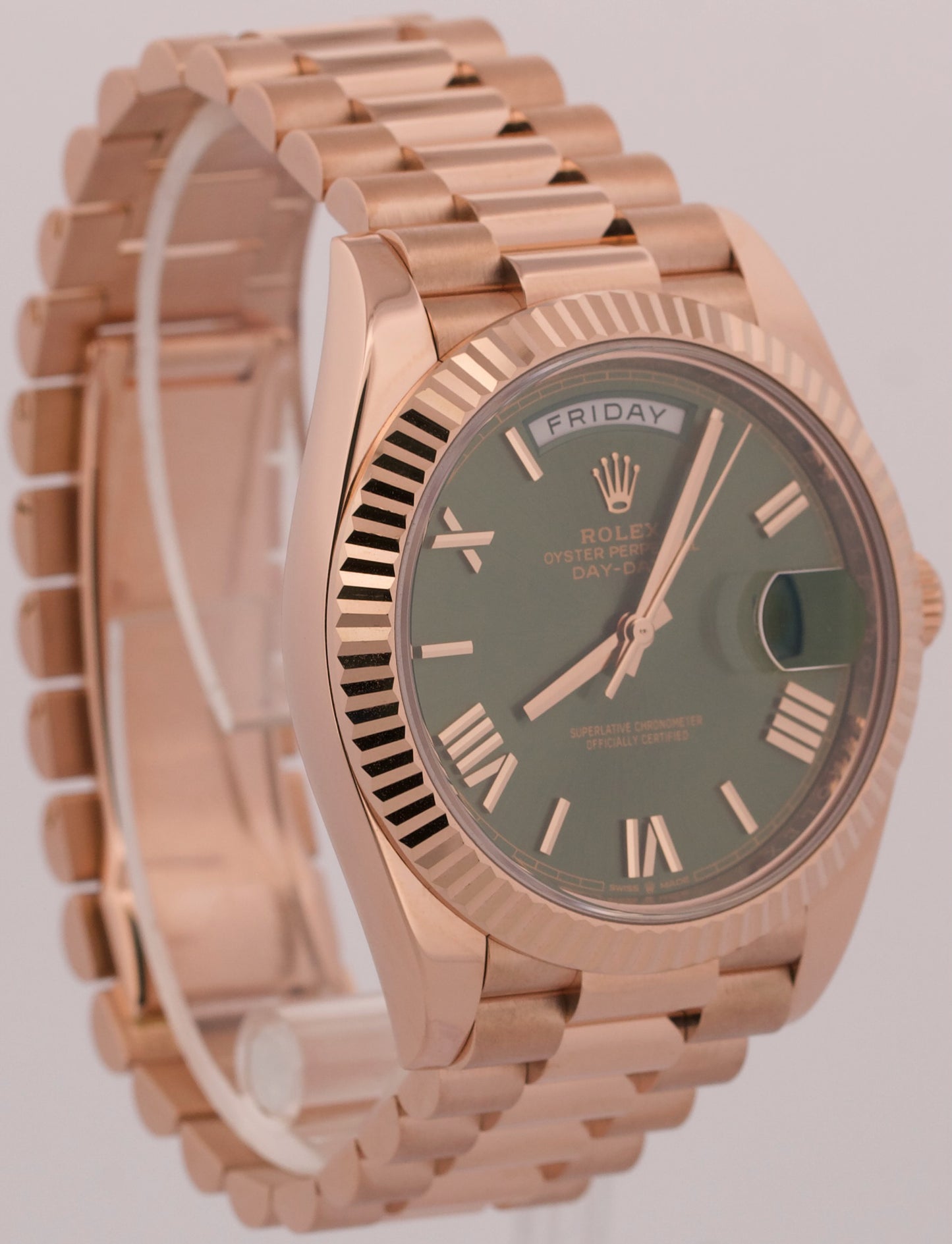 Rolex Day-Date President 40mm OLIVE GREEN ROMAN 18K Rose Gold Fluted 228235