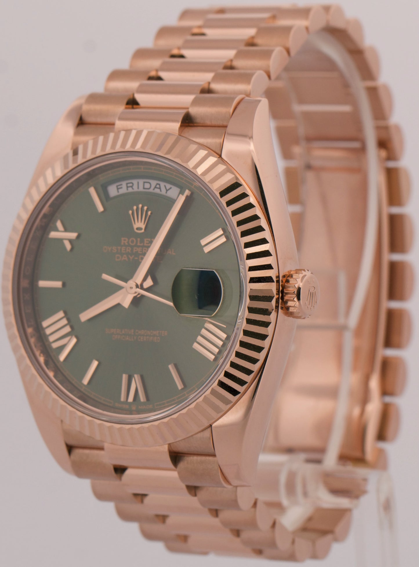 Rolex Day-Date President 40mm OLIVE GREEN ROMAN 18K Rose Gold Fluted 228235