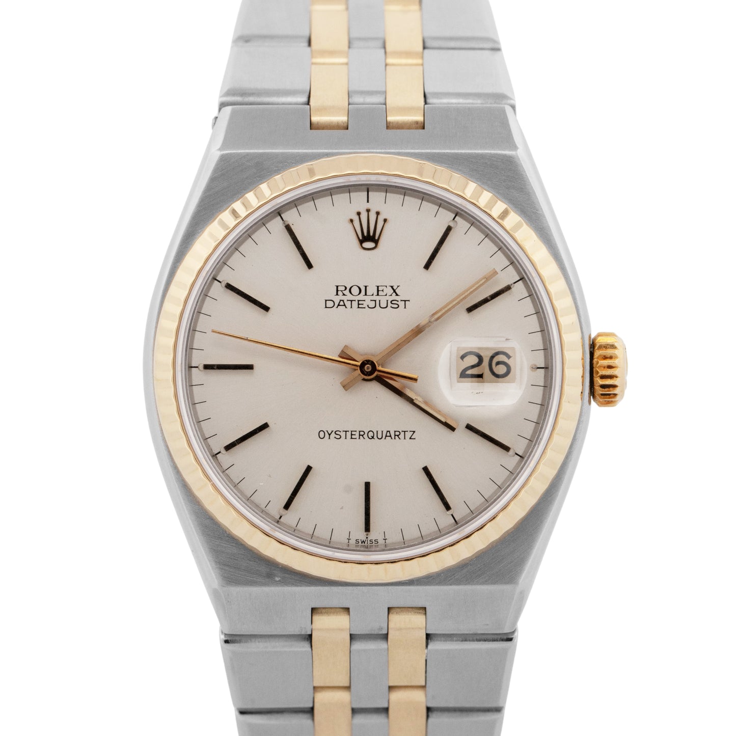 Rolex Oysterquartz DateJust 36mm Silver Two-Tone 14K Yellow Gold Watch 17013