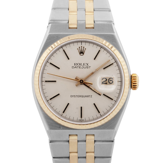 Rolex Oysterquartz DateJust 36mm Silver Two-Tone 14K Yellow Gold Watch 17013