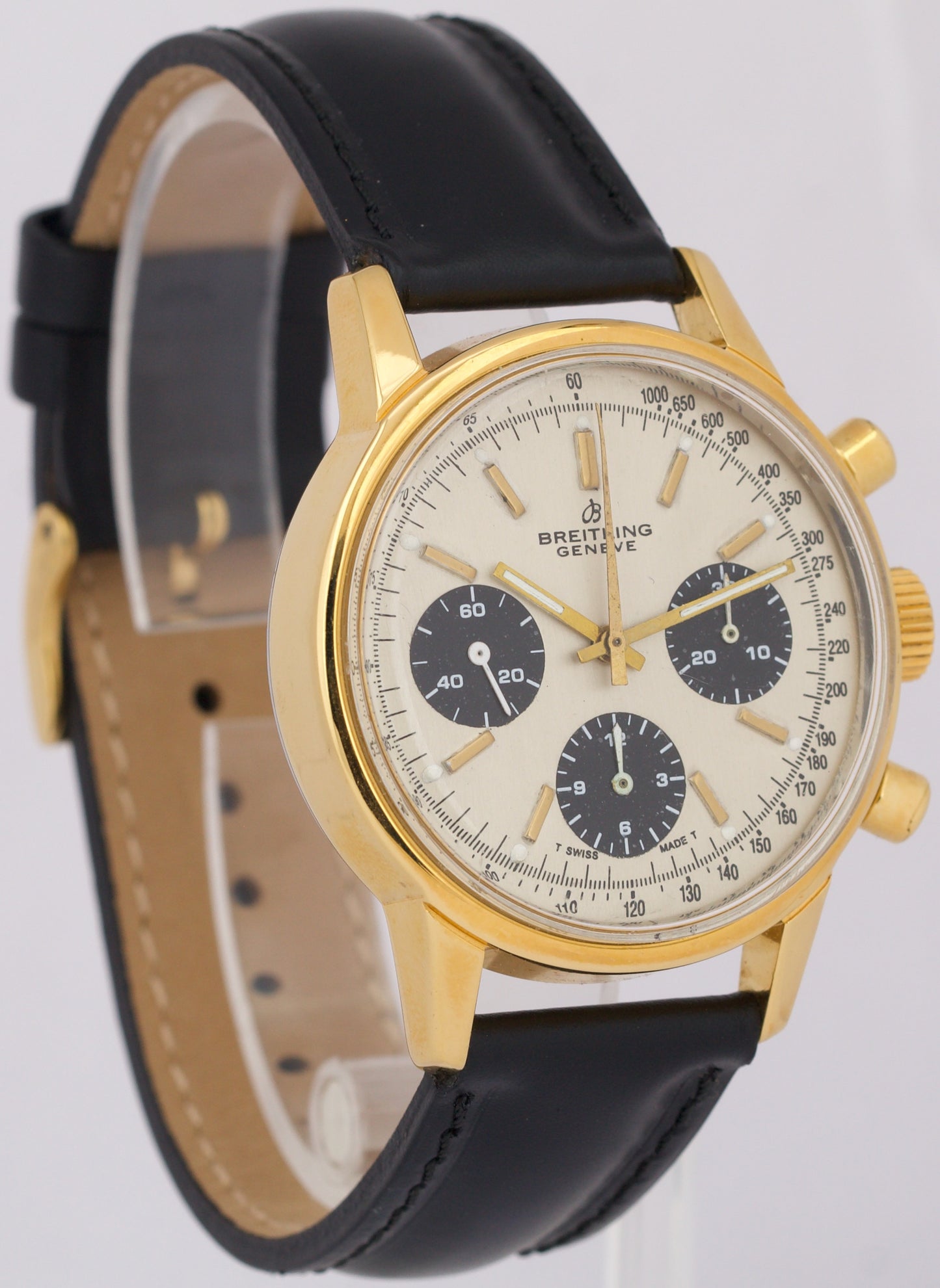 VINTAGE Breitling Top Time 815 SILVER 18K Yellow Gold Leather Chronograph 38mm