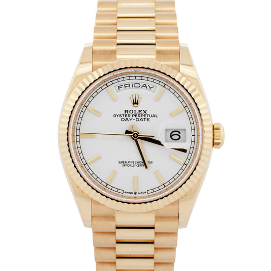 Rolex Day-Date President 18K Yellow Gold White 36mm Fluted Watch 128238