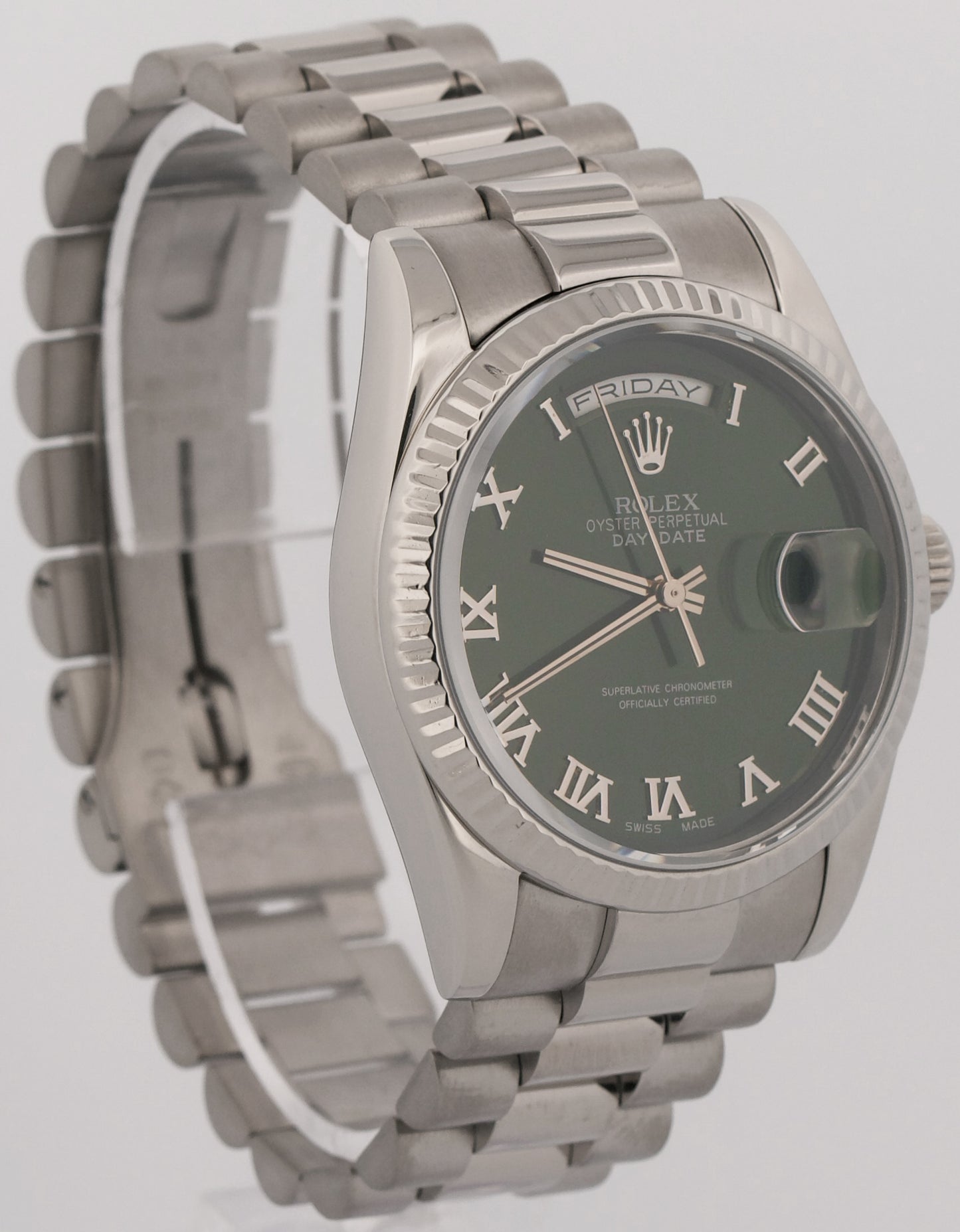 2000 Rolex Day-Date President 118239 Green Roman 18K White Gold 36mm Watch