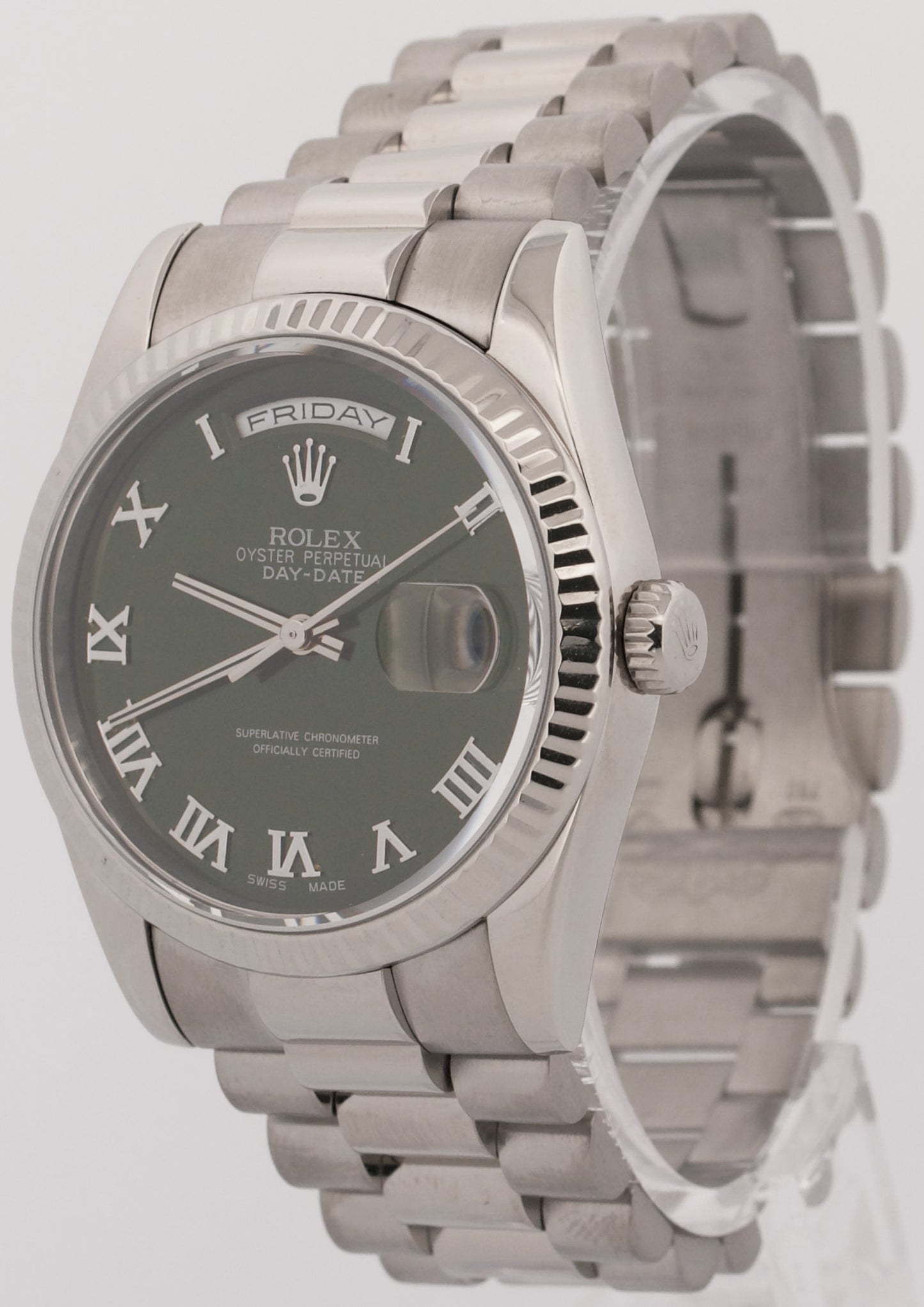 2000 Rolex Day-Date President 118239 Green Roman 18K White Gold 36mm Watch