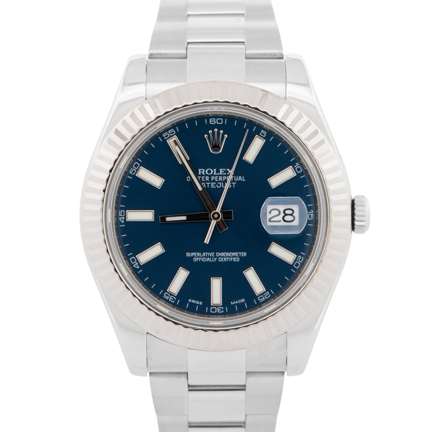 Rolex DateJust II BLUE Stainless Steel 18K Fluted Oyster 41mm Watch 116334 BOX