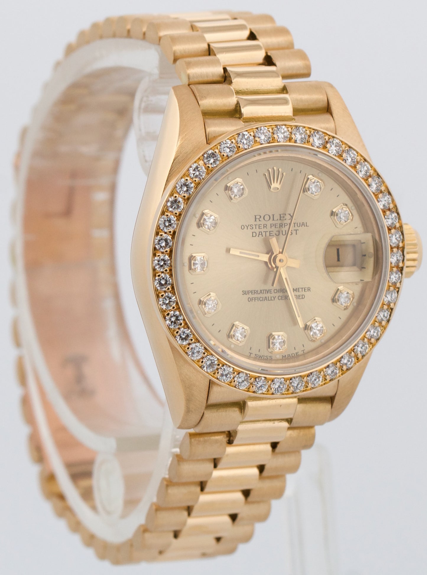 Ladies Rolex DateJust President 26mm Champagne DIAMOND BEZEL 18K Gold 69178 BOX