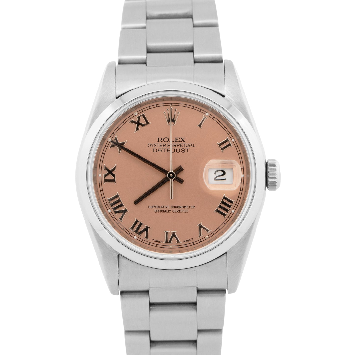 1999 Rolex DateJust 36mm 16200 Salmon Roman Smooth Oyster Stainless Steel Watch