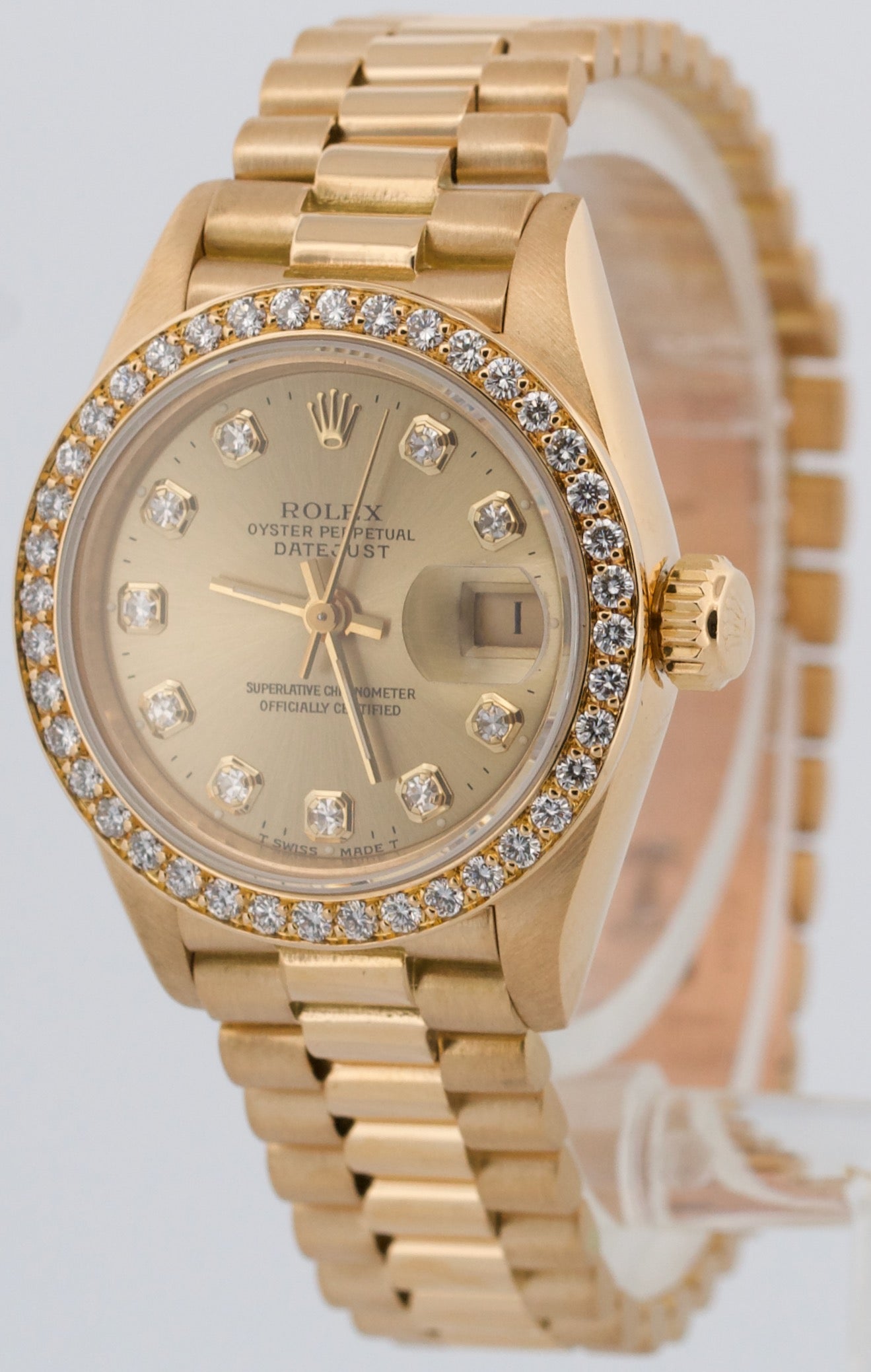 Ladies Rolex DateJust President 26mm Champagne DIAMOND BEZEL 18K Gold 69178 BOX