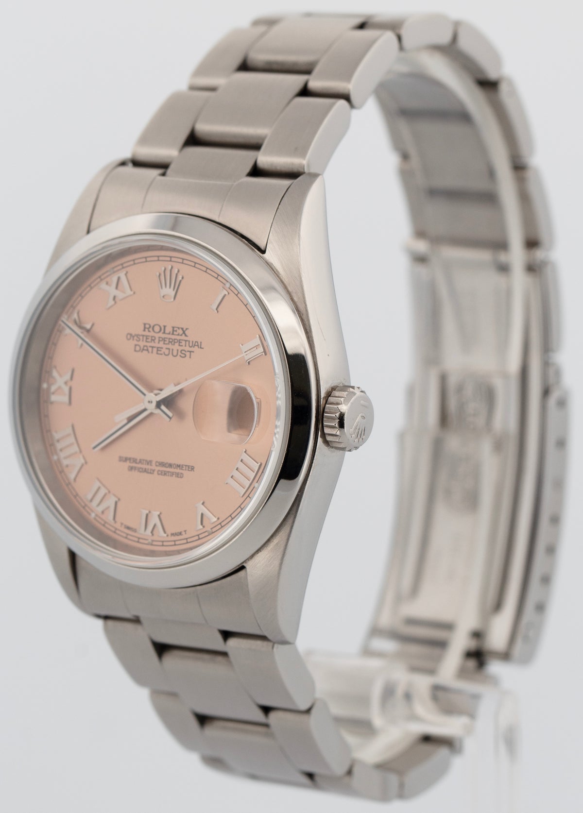 1999 Rolex DateJust 36mm 16200 Salmon Roman Smooth Oyster Stainless Steel Watch