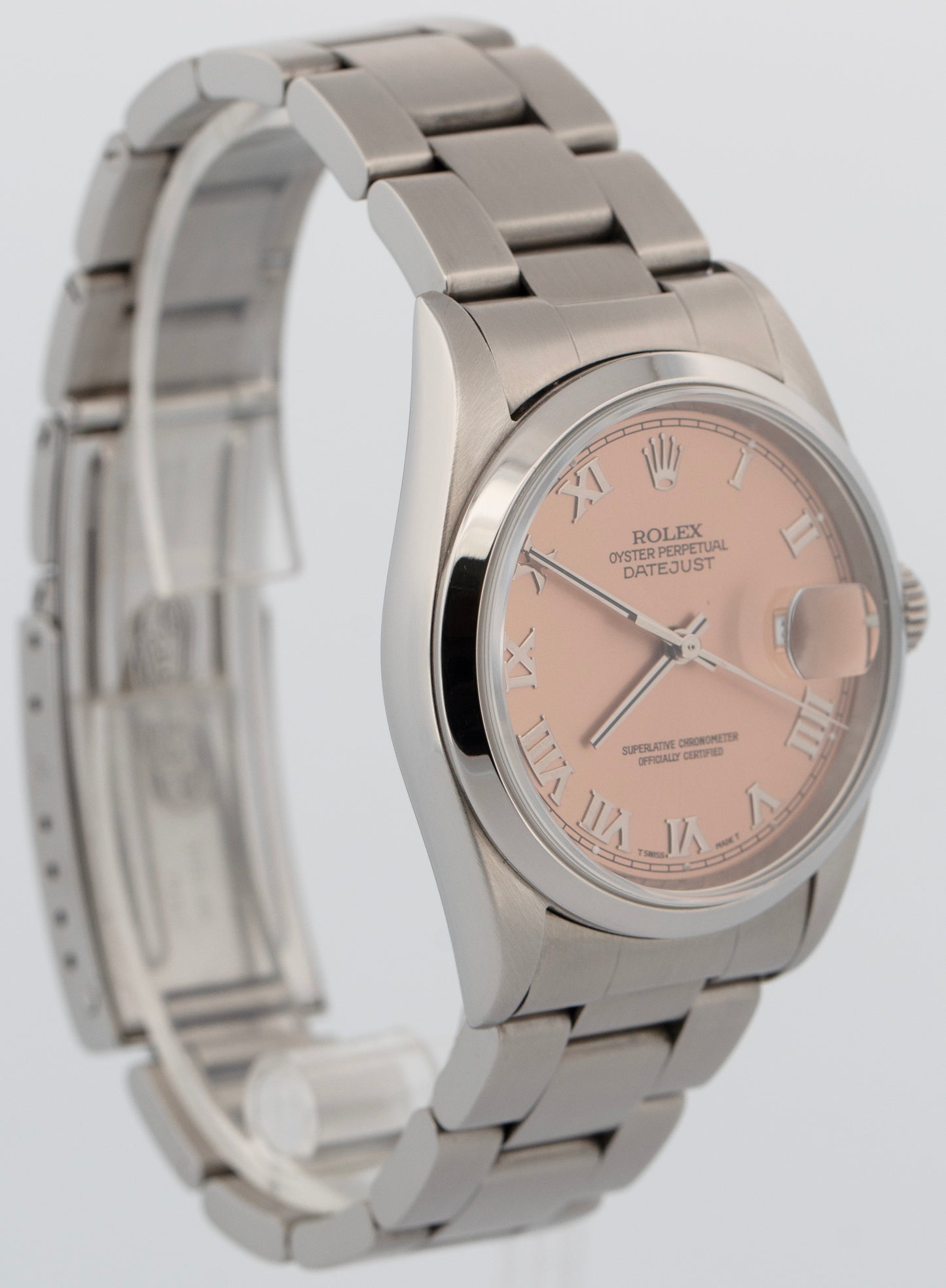 1999 Rolex DateJust 36mm 16200 Salmon Roman Smooth Oyster Stainless Steel Watch