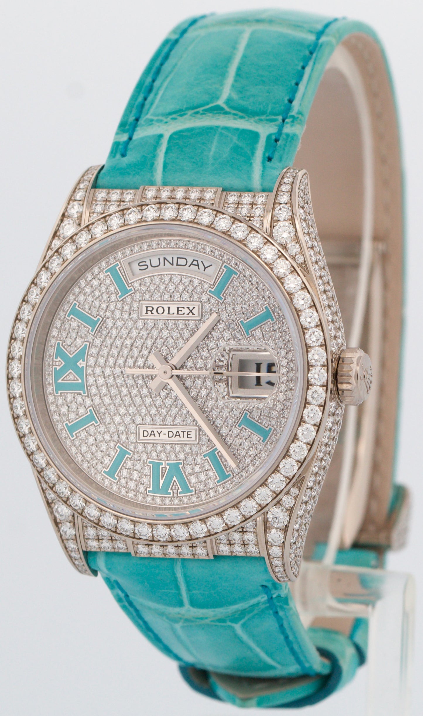 NEW 2025 PAPERS Rolex Day-Date PAVE DIAMOND TURQUOISE ROMAN 36mm 128159RBR BOX