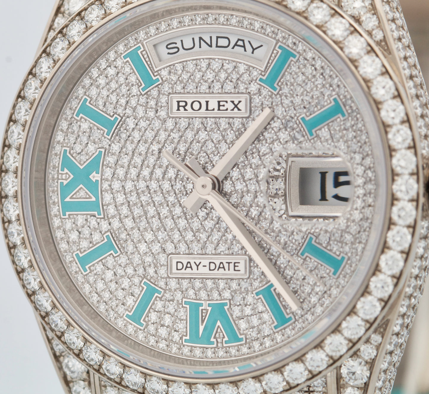 NEW 2025 PAPERS Rolex Day-Date PAVE DIAMOND TURQUOISE ROMAN 36mm 128159RBR BOX