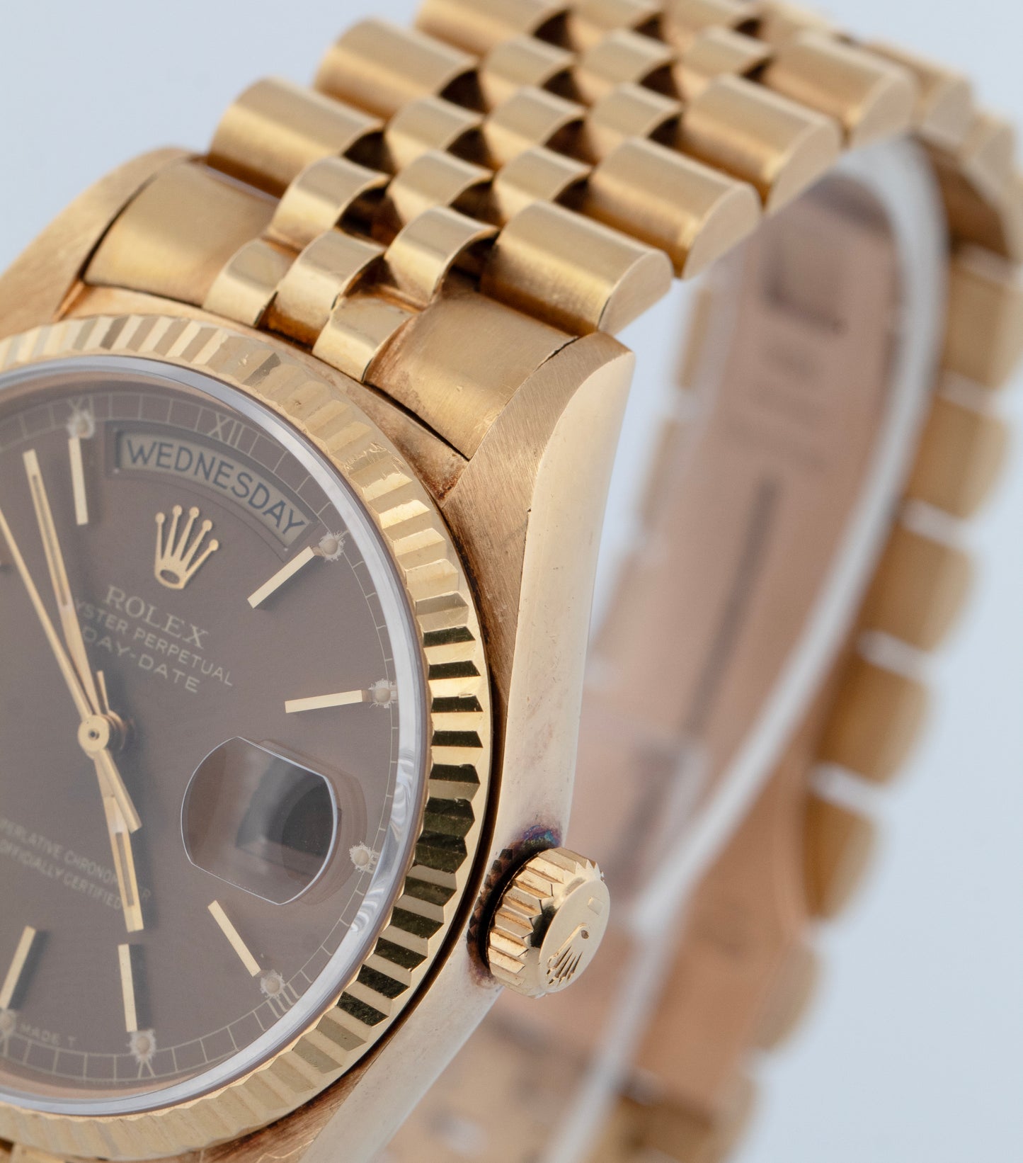 UNPOLISHED Rolex Day-Date CANDLESTICK PATINA DIAL Jubilee Gold 36mm Watch 18038