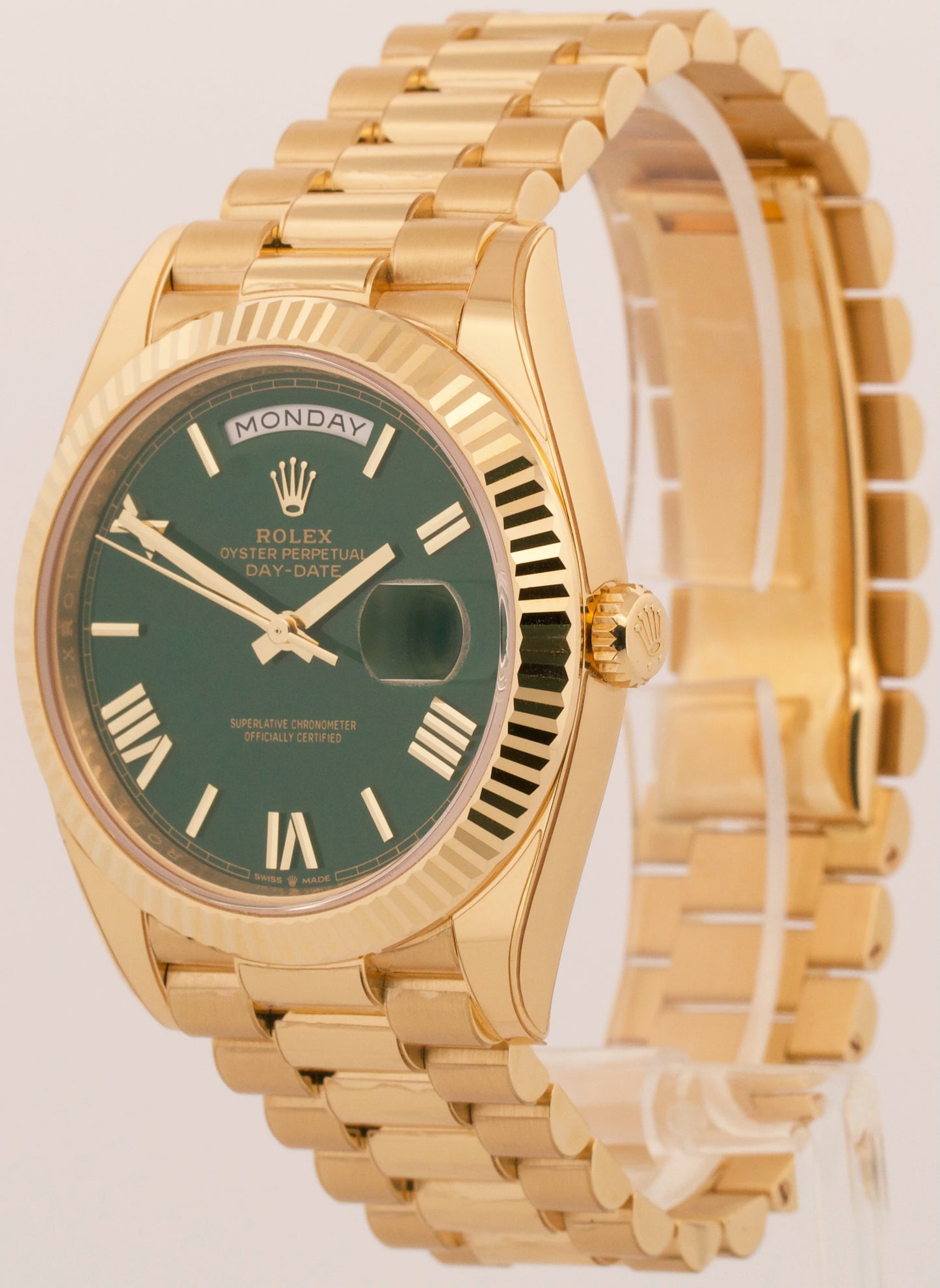2025 PAPERS Rolex Day-Date President 40mm GREEN ROMAN 18K Yellow Gold 228238 BOX