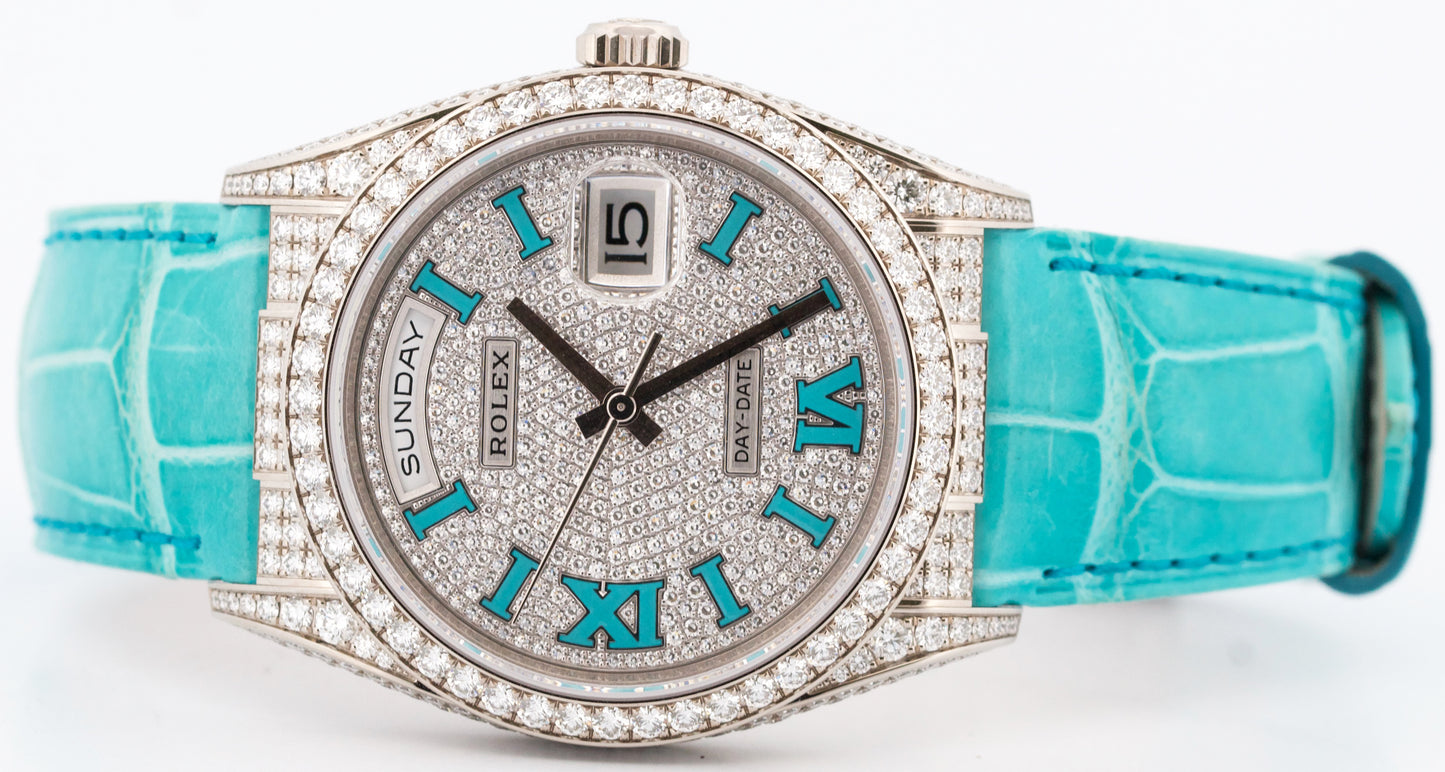 NEW 2025 PAPERS Rolex Day-Date PAVE DIAMOND TURQUOISE ROMAN 36mm 128159RBR BOX