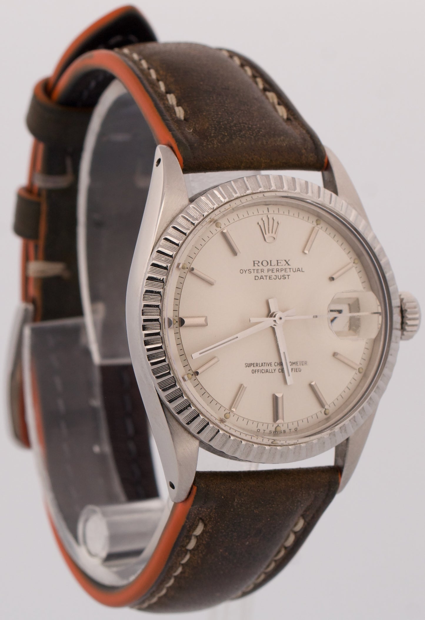 1971 Rolex DateJust 36mm SILVER Stainless Steel Engine-Turned Leather Watch 1603