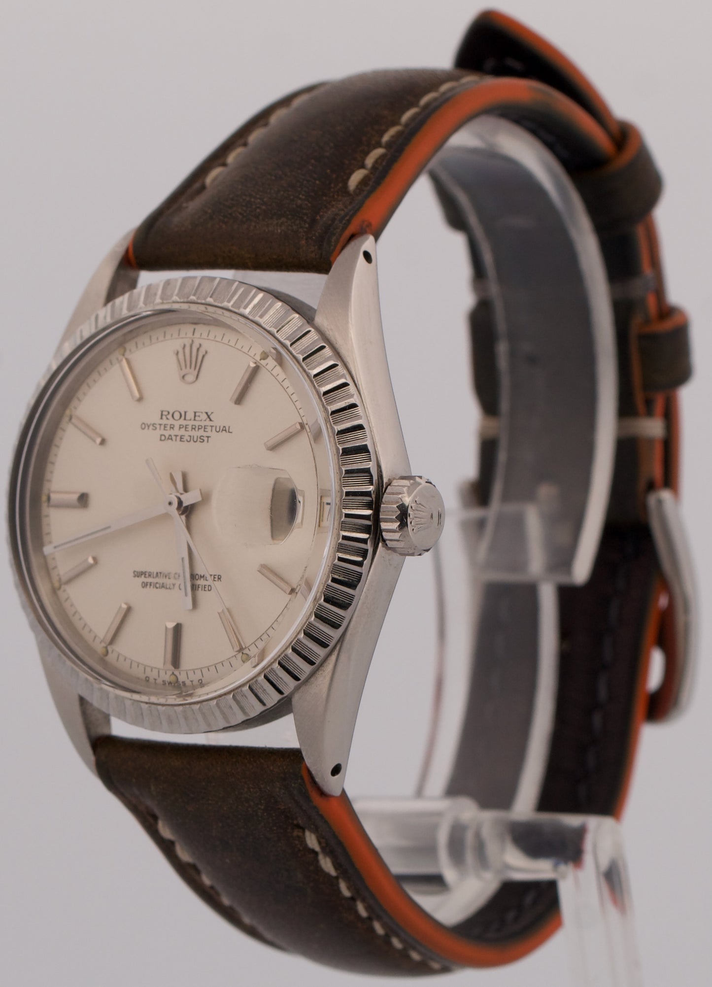 1971 Rolex DateJust 36mm SILVER Stainless Steel Engine-Turned Leather Watch 1603