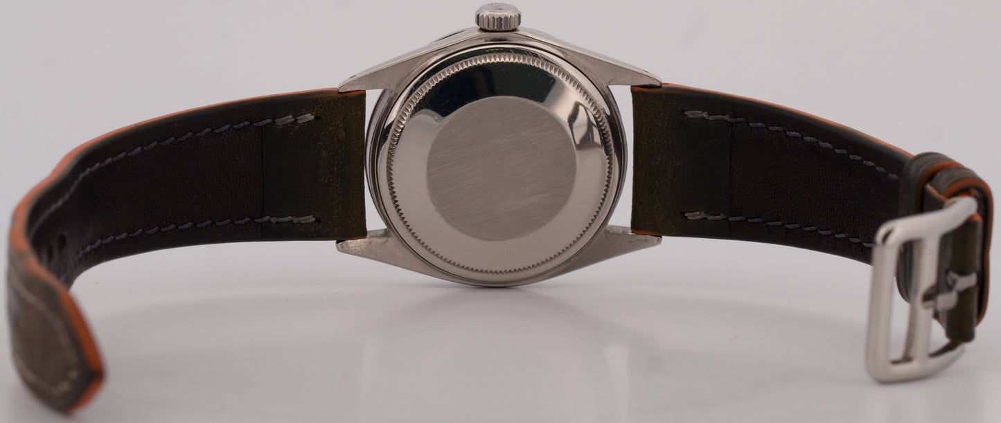 1971 Rolex DateJust 36mm SILVER Stainless Steel Engine-Turned Leather Watch 1603