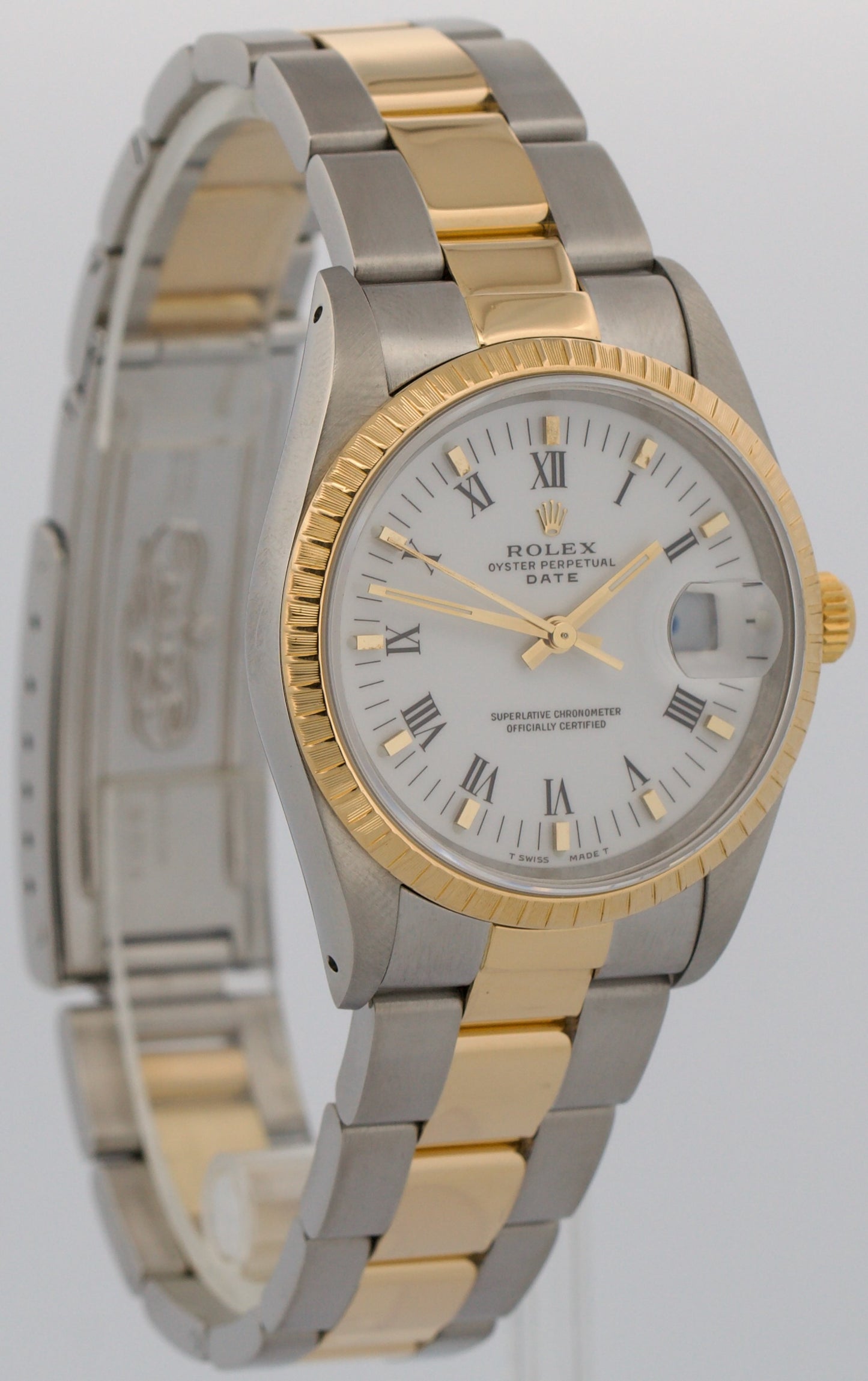 Rolex Oyster Perpetual Date 34mm WHITE ROMAN 18K Steel Engine-Turned 15233 Watch