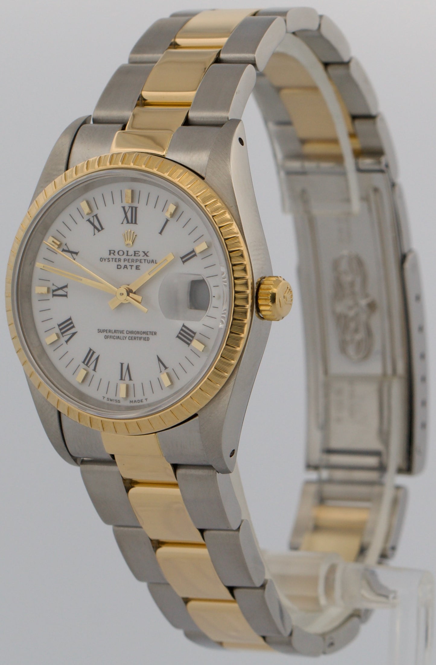 Rolex Oyster Perpetual Date 34mm WHITE ROMAN 18K Steel Engine-Turned 15233 Watch