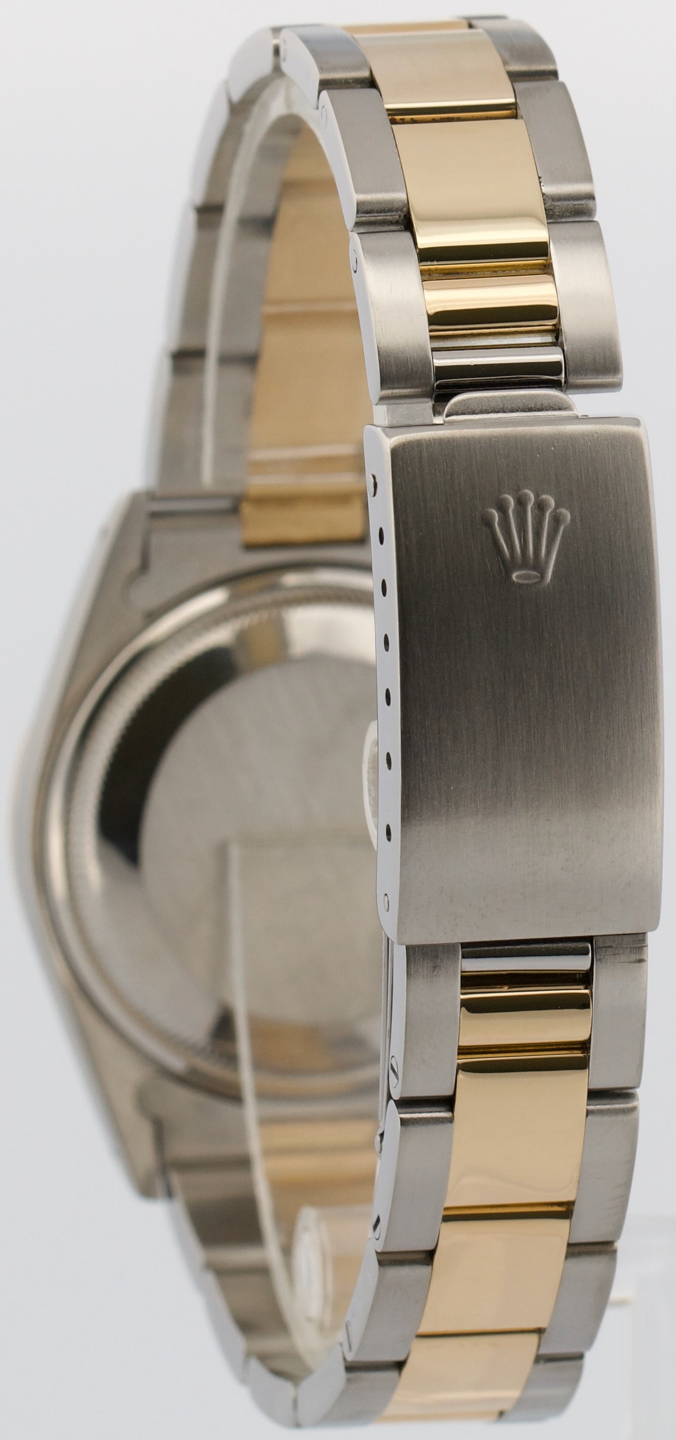 Rolex Oyster Perpetual Date 34mm WHITE ROMAN 18K Steel Engine-Turned 15233 Watch