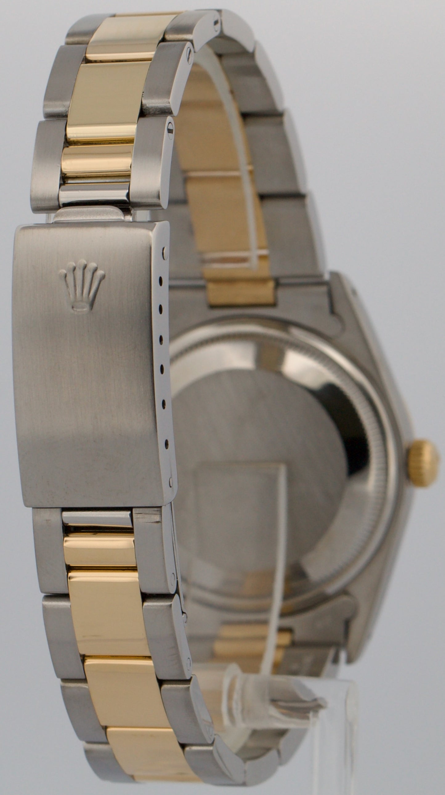 Rolex Oyster Perpetual Date 34mm WHITE ROMAN 18K Steel Engine-Turned 15233 Watch