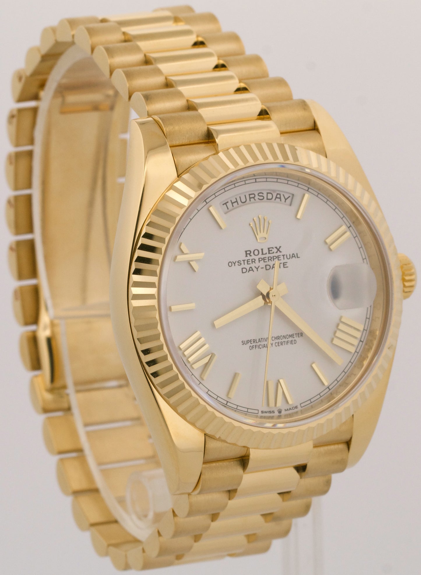 PAPERS Rolex Day-Date President 40mm WHITE ROMAN 18K Gold Fluted 228238 BOX