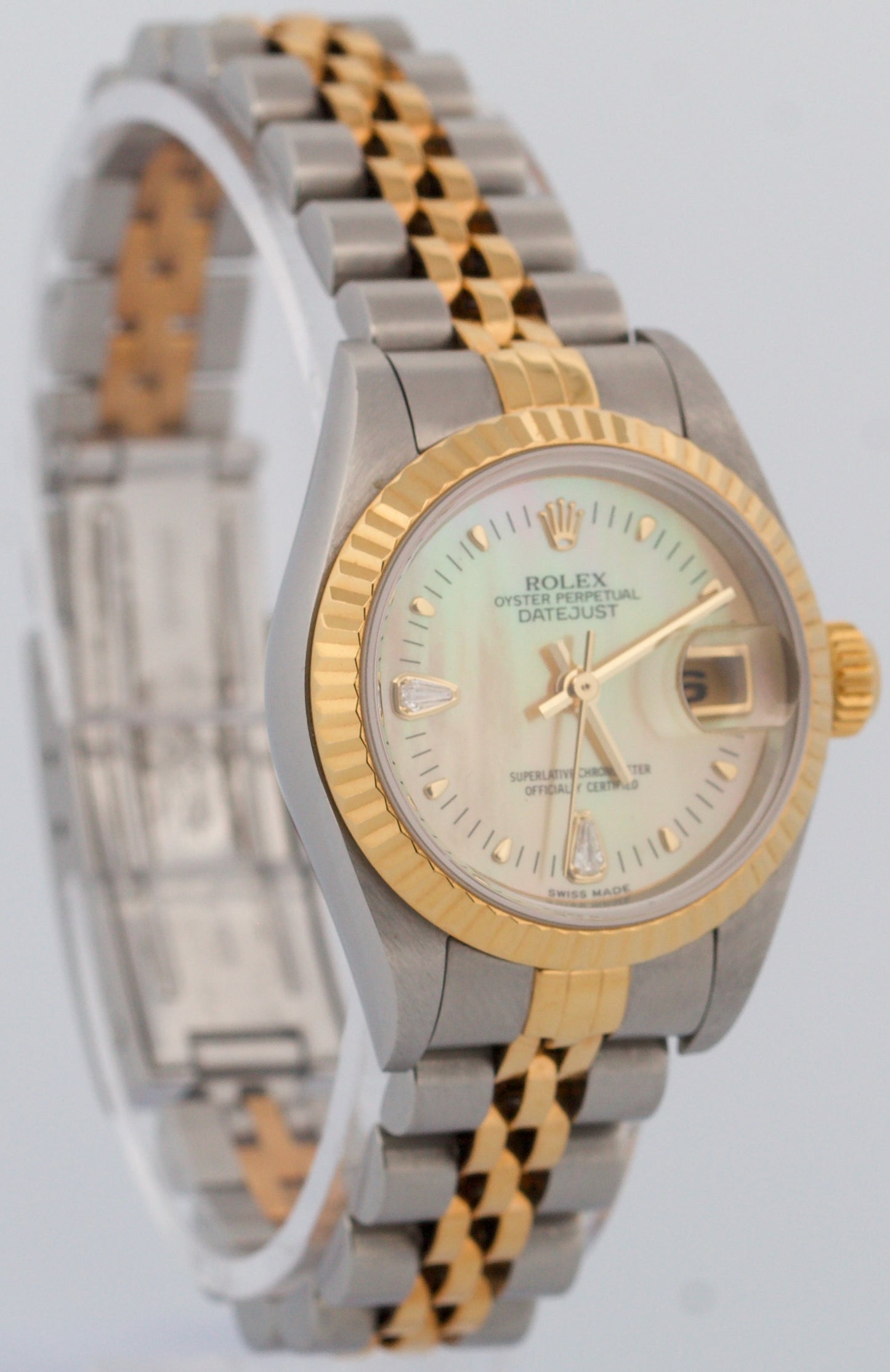 Ladies Rolex DateJust FACTORY MOP TEARDROP DIAMOND 18K 26mm JUBILEE 79173 BOX