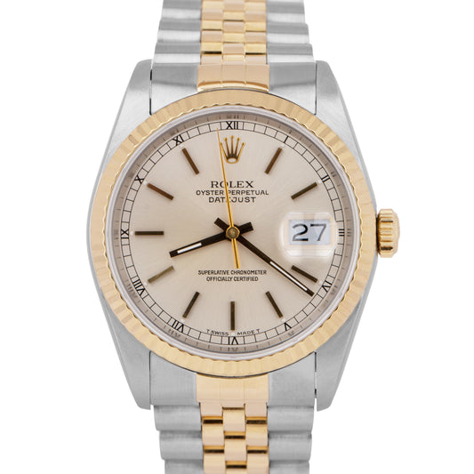 PAPERS Rolex DateJust 36mm PAPERS Silver Yellow Gold Stainless Watch 16233 BOX