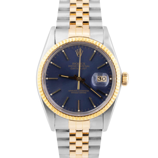Rolex DateJust 36mm Blue 18K Yellow Gold Stainless Steel Two-Tone Watch 16013