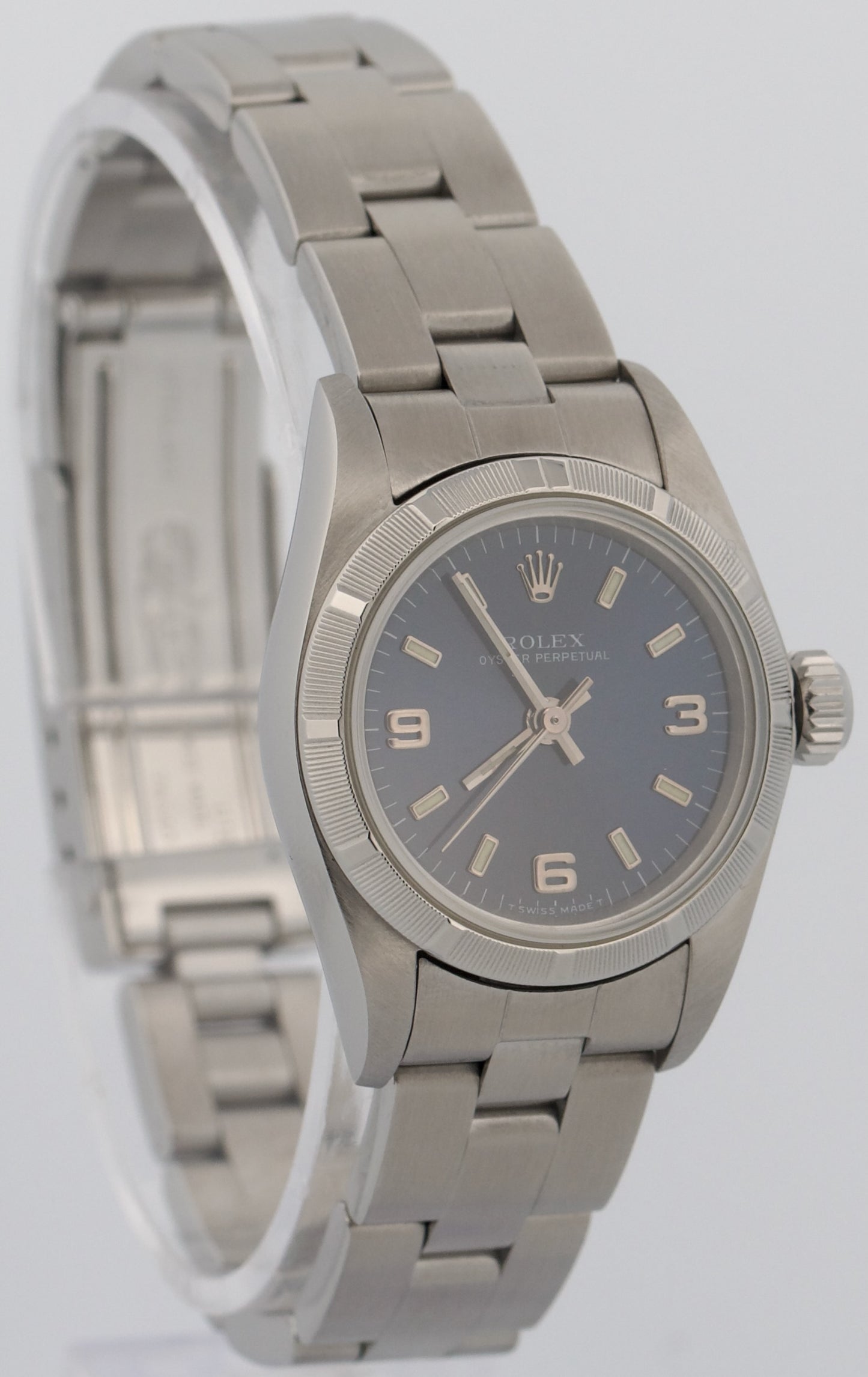 Ladies Rolex Oyster Perpetual BLUE Engine Turned 24mm NO-HOLES Watch 67230