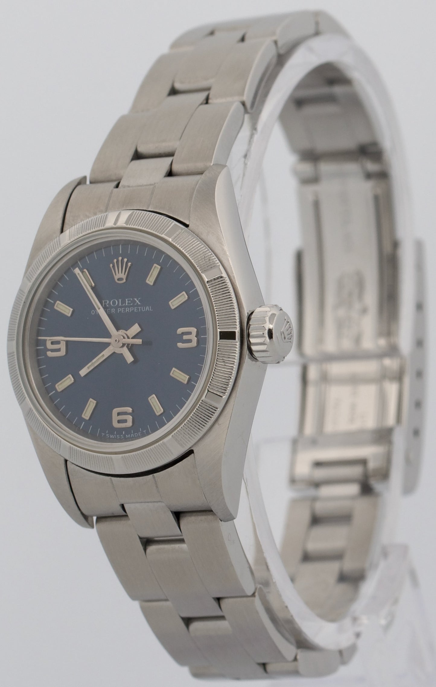 Ladies Rolex Oyster Perpetual BLUE Engine Turned 24mm NO-HOLES Watch 67230