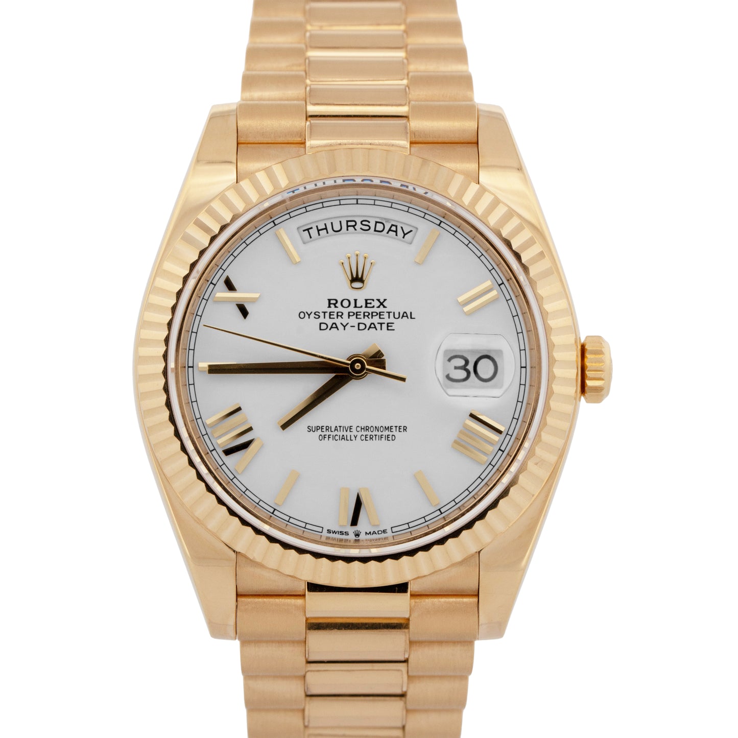 PAPERS Rolex Day-Date President 40mm WHITE ROMAN 18K Yellow Gold 228238 BOX
