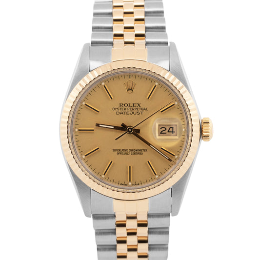 Rolex DateJust CHAMPAGNE Two-Tone 18K Yellow Gold Steel 36mm 16013 Watch
