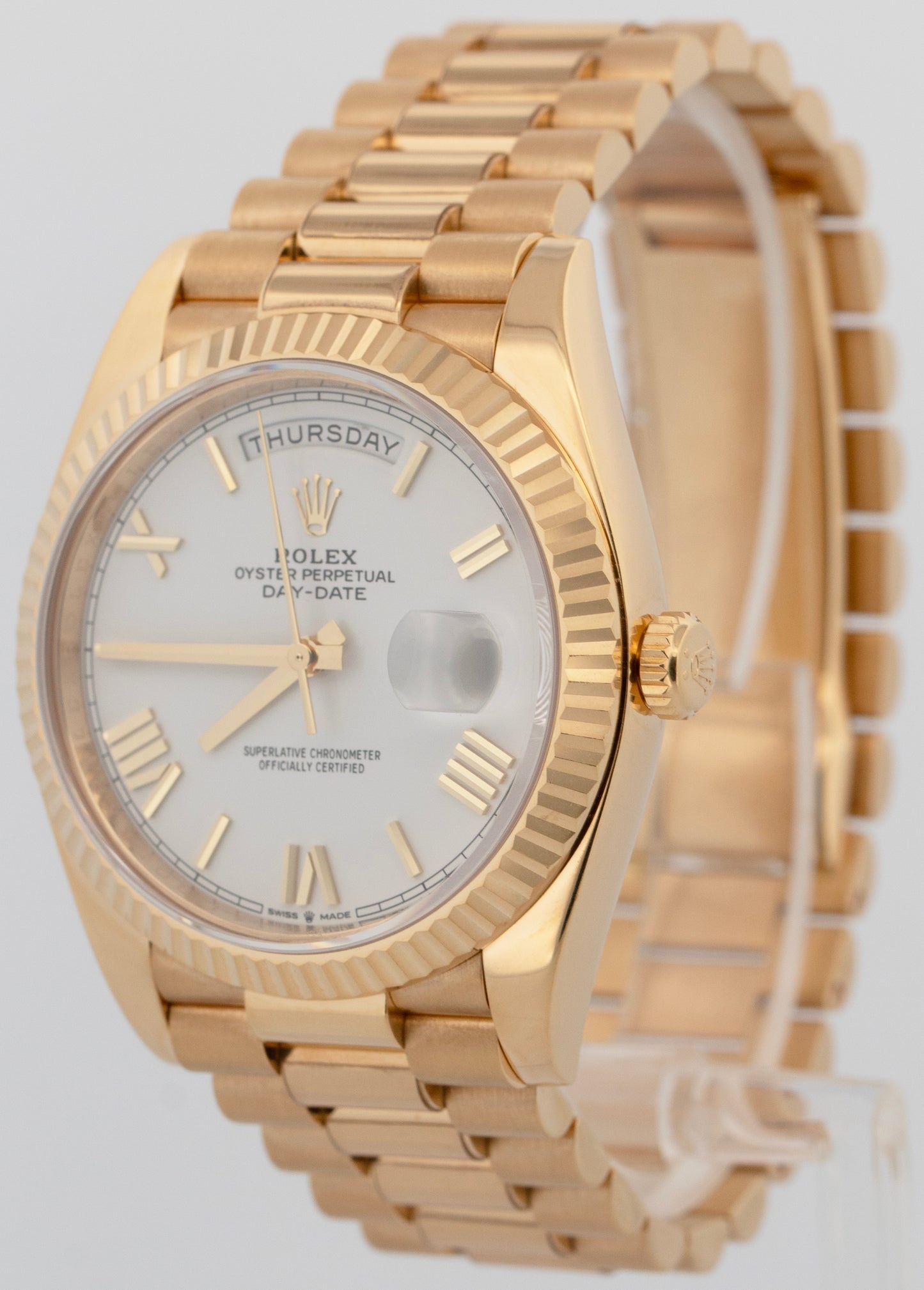 PAPERS Rolex Day-Date President 40mm WHITE ROMAN 18K Yellow Gold 228238 BOX